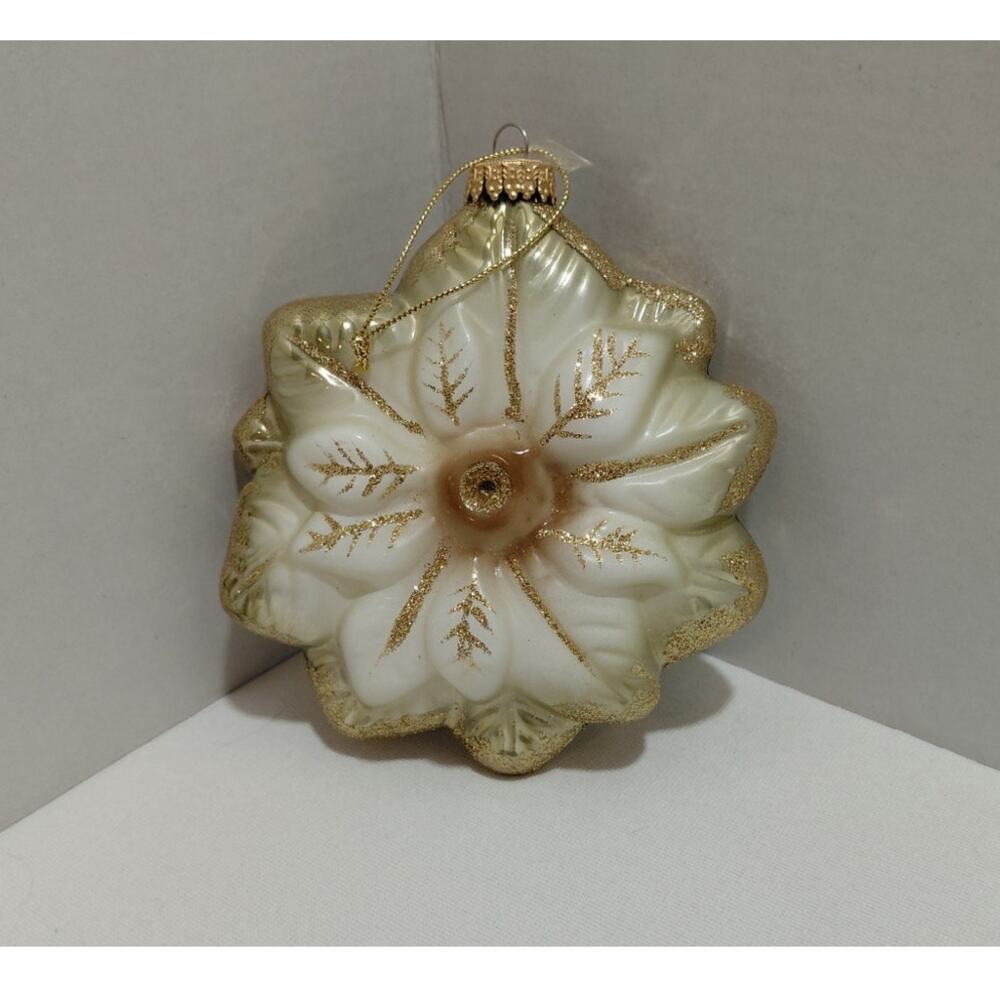 Vintage Christmas Ornament Glass Poinsettia White Gold with Gold Glitter Accents
